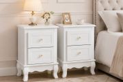 Set of 2 White Bedside Tables with Drawers Elegant Wooden Nightstands for Bedroom, Hallway &amp; Living Room