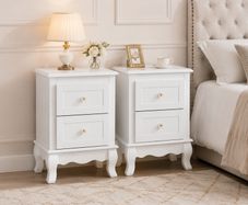 Set of 2 White Bedside Tables with Drawers Elegant Wooden Nightstands for Bedroom, Hallway & Living Room