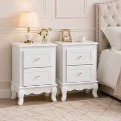 Set of 2 White Bedside Tables with Drawers Elegant Wooden Nightstands for Bedroom, Hallway & Living Room