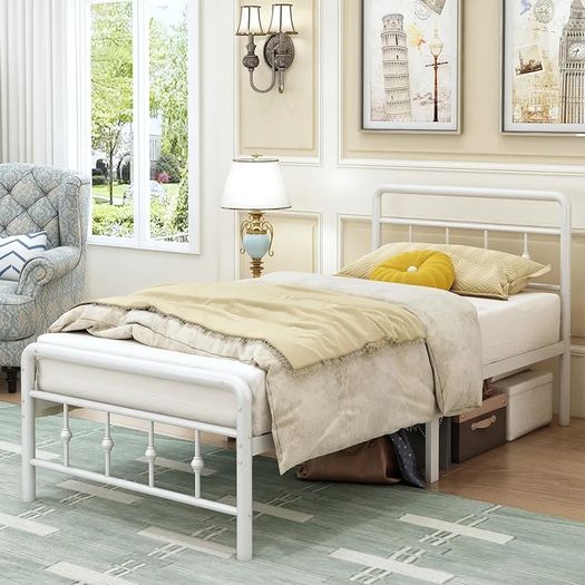 Single Bed Frame 3ft with Headboard and Footboard, Single Metal Bed Frame 46 cm High with Steel Slats Support, Noise Free, Easy Assembly, White