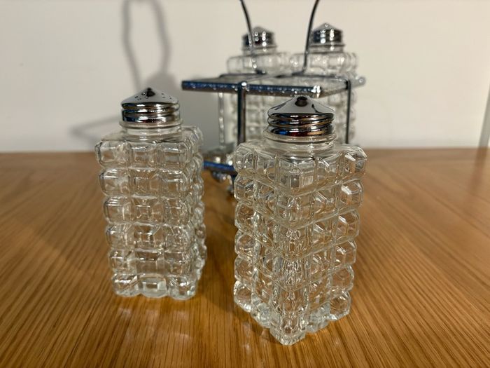 Vintage 4 piece Glass Cut Cruet Set, with Silver Plated Stand