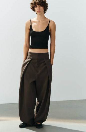 Fab Zara Dark Brown Barrel Trousers  Size XL UK 14