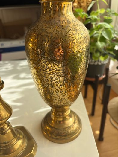 x2 Vintage Solid Brass Vases and candle holder
