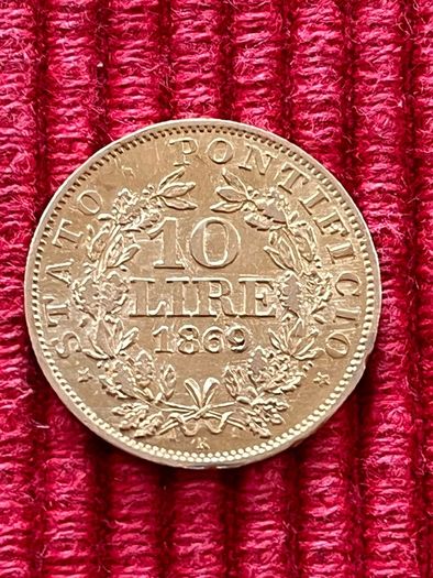 Vatican 1869 10 Lire Gold Coin Papal State Rare Low Mintage 5944 Mintage