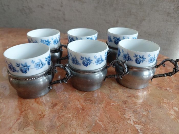 Antique Seltmann Weiden Bavaria set of 6 espresso cups with pewter holders