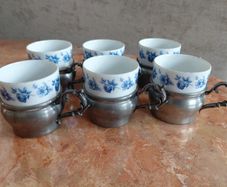 Antique Seltmann Weiden Bavaria set of 6 espresso cups with pewter holders