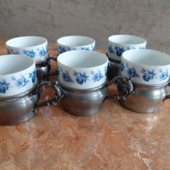 Antique Seltmann Weiden Bavaria set of 6 espresso cups with pewter holders