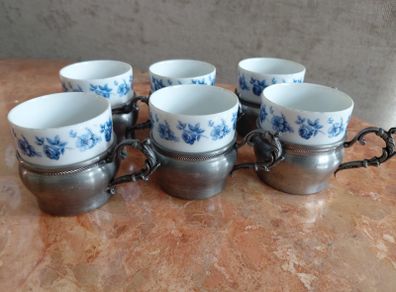 Antique Seltmann Weiden Bavaria set of 6 espresso cups with pewter holders