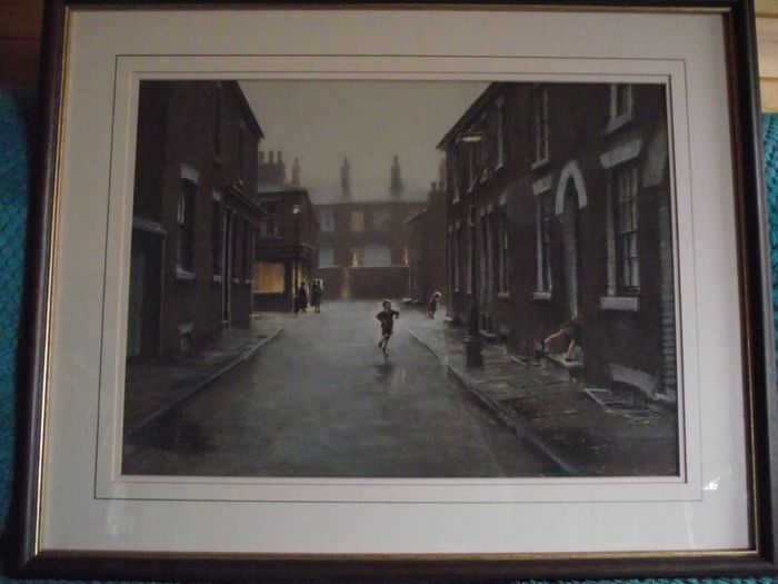 Marc Grimshaw - Original Pastel of - Children In A Rainy Street - Signed