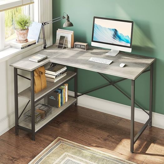 FREE EXPRESS SHIPPING L Shaped Desk Small Corner Desk with Shelves 120CM Reversible Computer Desk Writing Table with Bookshelf for Home Office Small Space