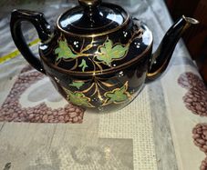 Antique Black-Glazed Ceramic Teapot, likely in the style of Victorian Jackfield-ware 19th-to-20th-century Postage Available or Collection