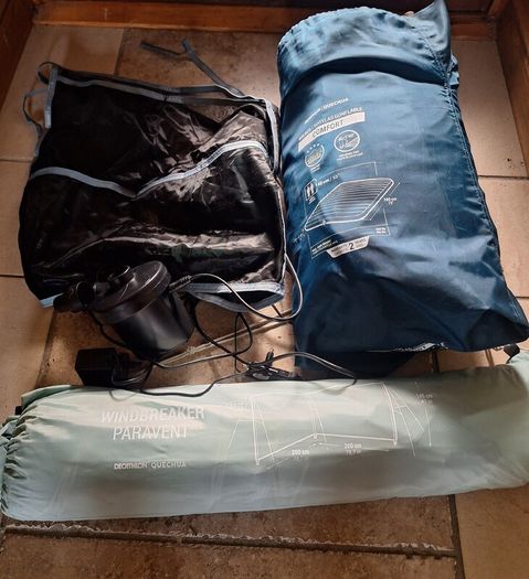 Camping Bundle - Decathlon Quechua Air Bed, Electric Pump & Windbreaker