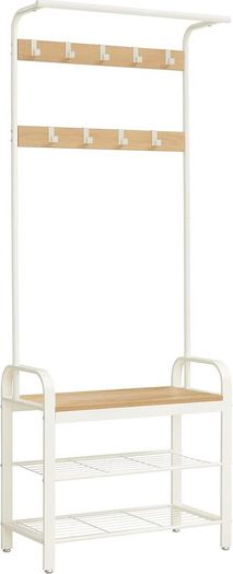 coat rack, wardrobe, shoe rack with seat, clothes rack with 9 removable hooks, bench seat, 2 grid shelves, 183 cm high, industrial design,