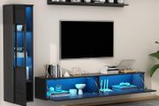3-Piece with LED Lighting, High Gloss Black - Living Room Furniture Set with TV Lowboard, Display Case &amp; Wall Shelf, Modern, for Large TVs up to 79 Inches Black