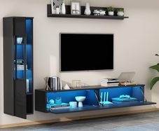 3-Piece with LED Lighting, High Gloss Black - Living Room Furniture Set with TV Lowboard, Display Case & Wall Shelf, Modern, for Large TVs up to 79 Inches Black