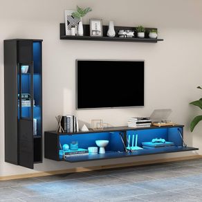 3-Piece with LED Lighting, High Gloss Black - Living Room Furniture Set with TV Lowboard, Display Case & Wall Shelf, Modern, for Large TVs up to 79 Inches Black