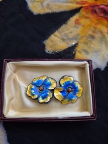 Antique 1930s Enamel Silver Flower Ear Clips