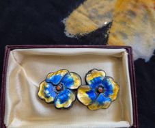 Antique 1930s Enamel Silver Flower Ear Clips