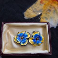 Antique 1930s Enamel Silver Flower Ear Clips