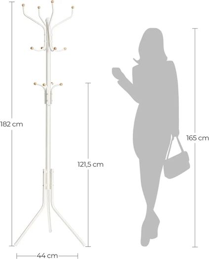 Coat Rack Stand, Coat Tree, Metal Hall Tree, Free Standing, 49 x 182 cm, 12 Hooks, for Clothes, Hats, Bags, White RCR19W