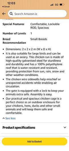 Galvanised steel walk-in chicken cage 2x2x1.92m