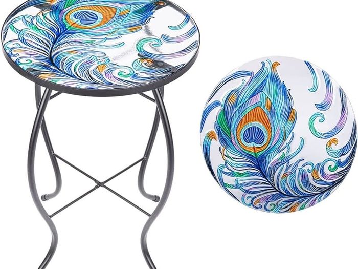 FREE P&P | Outdoor Side Table Small Outdoor Table, 14 inch Round Patio Side Table End Table, Peacock Feather Glass Plant Stand for Garden Patio Living Room