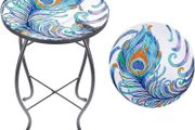 FREE P&amp;P | Outdoor Side Table Small Outdoor Table, 14 inch Round Patio Side Table End Table, Peacock Feather Glass Plant Stand for Garden Patio Living Room