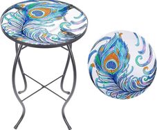 FREE P&P | Outdoor Side Table Small Outdoor Table, 14 inch Round Patio Side Table End Table, Peacock Feather Glass Plant Stand for Garden Patio Living Room