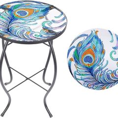 FREE P&P | Outdoor Side Table Small Outdoor Table, 14 inch Round Patio Side Table End Table, Peacock Feather Glass Plant Stand for Garden Patio Living Room
