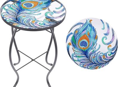 FREE P&P | Outdoor Side Table Small Outdoor Table, 14 inch Round Patio Side Table End Table, Peacock Feather Glass Plant Stand for Garden Patio Living Room