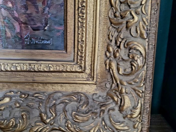 Antique Lady in garden oil painting in ornate gilt gesso frame - 4ft x 3ft