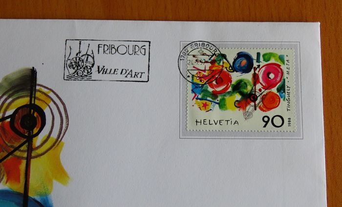 Jean Tinguely art coin & phonecard & 1988 stamp cover vintage