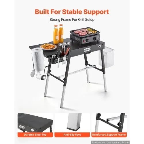 Folding Grill Table 87x45 cm Camping Griddle Stand Fit 43 & 56 cm, for Picnic BBQ Tailgating, Carbon Steel, Adjustable Height, 158 kg, Outdoor Cart with Magnetic Tool Rack and Tissue Holder