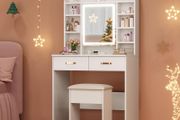 Dressing Table with Mirror and Stool: Vanity-Desk with Mirror and Drawers - Makeup Desk with Jewellery Storage, 3 Color Light &amp; Brightness Adjustable for Bedroom