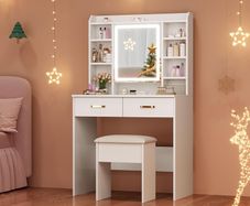 Dressing Table with Mirror and Stool: Vanity-Desk with Mirror and Drawers - Makeup Desk with Jewellery Storage, 3 Color Light & Brightness Adjustable for Bedroom