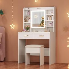 Dressing Table with Mirror and Stool: Vanity-Desk with Mirror and Drawers - Makeup Desk with Jewellery Storage, 3 Color Light & Brightness Adjustable for Bedroom