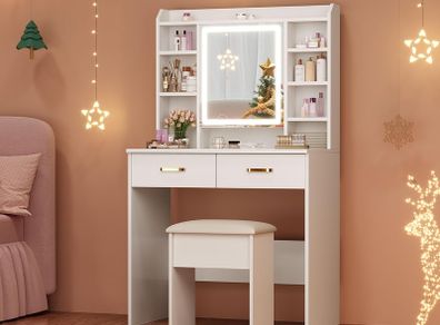 Dressing Table with Mirror and Stool: Vanity-Desk with Mirror and Drawers - Makeup Desk with Jewellery Storage, 3 Color Light & Brightness Adjustable for Bedroom