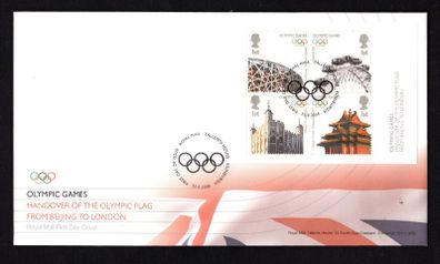 2008 Great Britain Handover of the Olympic Flag from Beijing to London Commemorative Stamps Miniature Sheet addressed First Day Cover (FDC) with Edinburgh pictorial cancel