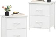 White Bedside Table Set of 2, Bedroom Bedside Cabinet with 2 Fabric Drawers, Nightstand Side Table for Kids Living Room Dorm, White Leather