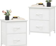 White Bedside Table Set of 2, Bedroom Bedside Cabinet with 2 Fabric Drawers, Nightstand Side Table for Kids Living Room Dorm, White Leather