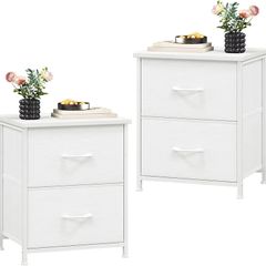 White Bedside Table Set of 2, Bedroom Bedside Cabinet with 2 Fabric Drawers, Nightstand Side Table for Kids Living Room Dorm, White Leather