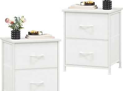 White Bedside Table Set of 2, Bedroom Bedside Cabinet with 2 Fabric Drawers, Nightstand Side Table for Kids Living Room Dorm, White Leather