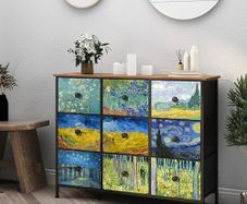 Chest of Drawers Van Gogh Dresser for Bedroom with 9 Drawers Wide TV Stand Storage Organizer Units for Living Room Children's Room Hallway Metal Frame Wood Board Fabric Drawers