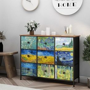 Chest of Drawers Van Gogh Dresser for Bedroom with 9 Drawers Wide TV Stand Storage Organizer Units for Living Room Children's Room Hallway Metal Frame Wood Board Fabric Drawers