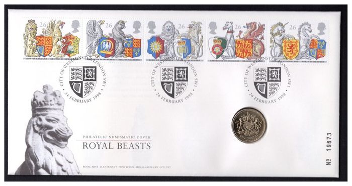1998 Great Britain 650th Anniversary of the Order of the Garter, The Queen's Beasts Philatelic Numismatic Cover (PNC) with UK1 coin