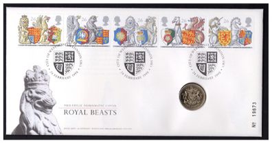 1998 Great Britain 650th Anniversary of the Order of the Garter, The Queen's Beasts Philatelic Numismatic Cover (PNC) with UK1 coin