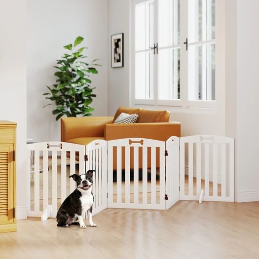 Freestanding Dog Gate with Support Feet, for Doorframes, Hallways, Stairs, 258 x 30 x 61 cm, White
