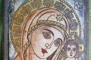 Hand made Orthodox icon Jesus Christ child and Virgin Mary