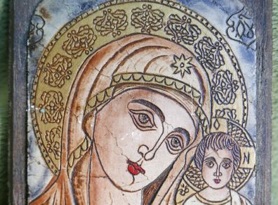 Hand made Orthodox icon Jesus Christ child and Virgin Mary