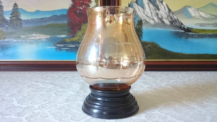 Vintage Etched Amber Glass Hurricane Lamp With Black Base Stand